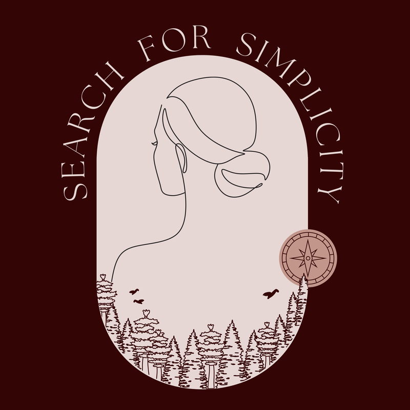 The Search for Simplicity Logo. It is a blush pink oval background with an outline of a woman looking away from the viewer, a curved outline of a forest and an outline of a compass 