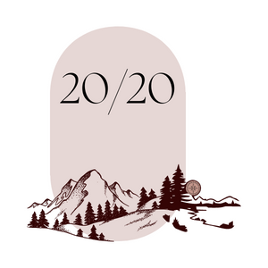 A pink oval in the background with an outline of a mountain range on the bottom of the oval and a fraction that says twenty over twenty
